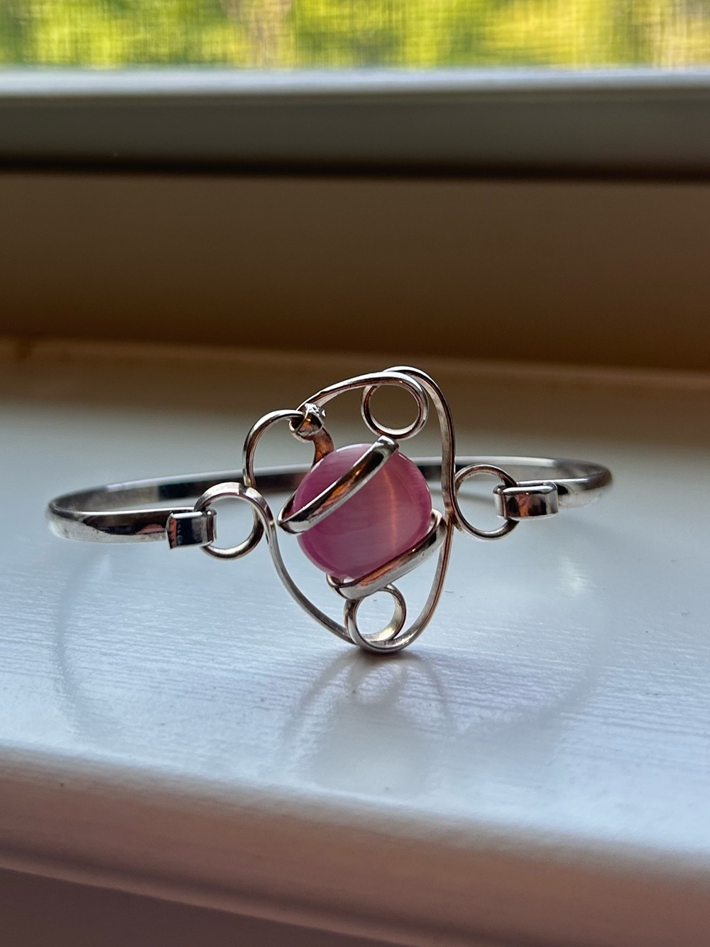 Sterling Silver Pink Stone Swirl Bangle Bracelet